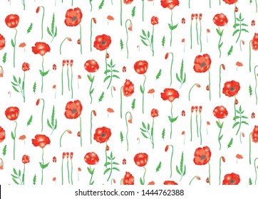Seamless pattern of blooming field flowers and leaves like Red flowering poppies. Elements are drawn by hand for your design, postcards, textiles and printing.
