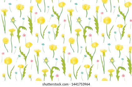 Seamless pattern of blooming field summer flowers and leaves - yellow dandelions and little blue and pink. Elements are drawn by hand for your design, postcards, textiles and printing.

