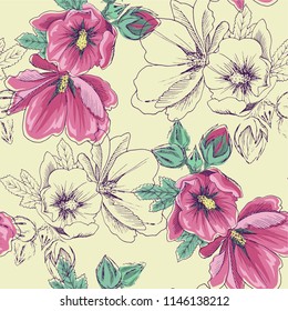 Seamless pattern with blooming flowers. Burgundy mallow. Botanical ornament.