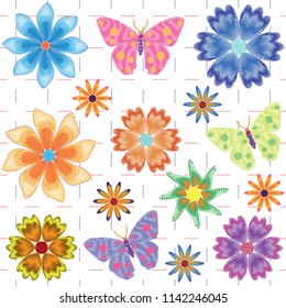 Seamless Pattern with Blooming Flowers and Flying Butterflies. Beauty in Nature. Background for Fabric, Textile, Print and Invitation. Vector illustration