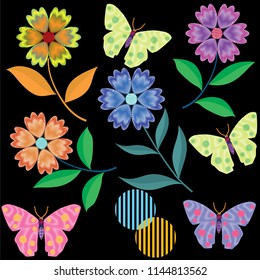 Seamless Pattern with Blooming Flowers and Flying Butterflies on a black background. Beauty  in Nature. Background for Fabric, Textile, Print and Invitation. Vector illustration