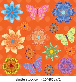 Seamless Pattern with Blooming Flowers and Flying Butterflies. Beauty in Nature. Background for Fabric, Textile, Print and Invitation. Vector illustration