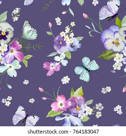 Seamless Pattern with Blooming Flowers and Flying Butterflies in Watercolor Style. Beauty in Nature. Background for Fabric, Textile, Print and Invitation. Vector illustration