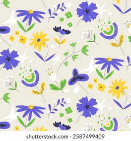 A seamless pattern with blooming flowers, leaves, and botanical elements in bright colors. Perfect for fabric, packaging, wallpapers, and creative projects