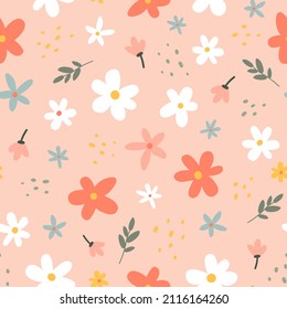 Seamless pattern with blooming flowers on a pink background. Vector texture. Design for wallpaper, web page background, textile, wrapping paper.