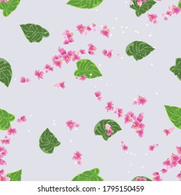 Seamless Pattern Blooming Flowers Pink Green. White Background