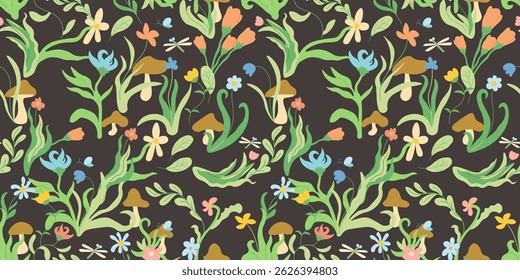 padrão perfeito com flores florescendo e plantas em estilo doodle. Modelo para fundo, papel de parede, banner, pano de fundo, decoração, embalagem, impressões, têxtil