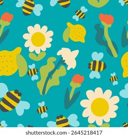 seamless pattern with blooming flowers and plants in hand drawn style. Ornament for background, wallpaper, banner, backdrop, decoration, wrapping, packaging, prints, textile