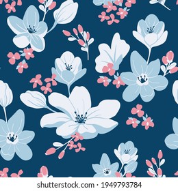 Seamless pattern with blooming flowers. Pattern for printing on fabric, paper, wallpaper. Can be used for clothes collection, branding, packaging, interior decoration