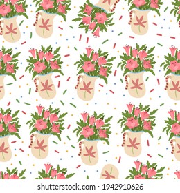 Seamless pattern of blooming flowers in vases isolated on white background.Vector hand drawn cartoon illustration.