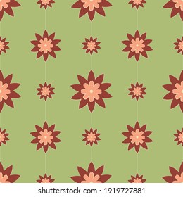 Seamless pattern of Blooming flowers. Vector simple red garden flowers on the green background. Printable for paper and decorative cardboard.