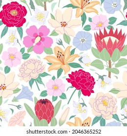 Patrón sin foco con flores de jardín florecientes sobre blanco. Impresión botánica moderna y colorida. Interminable fondo floral con peonía simple, protea, cabezas de lirio. Ilustración plana vectorial multicolor de verano.