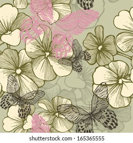 Seamless pattern with blooming geraniums and butterflies, hand-drawing. vector illustration.