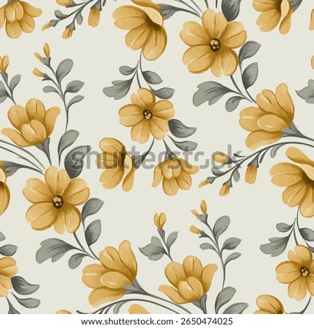 A seamless pattern of blooming, golden-yellow flowers. The flowers are depicted in a style reminiscent of watercolor or painted illustrations, with soft, textured petals. Shades of muted.