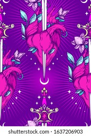 Seamless pattern with blooming heart with sword in it, symbol of love and self-knowledge, vector illustration