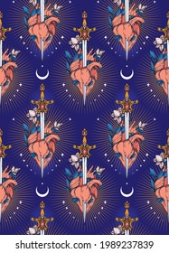 Seamless pattern with blooming heart with sword in it on blue background, symbol of love and self-knowledge, vector illustration