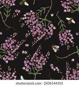 Seamless pattern with blooming heather and bees