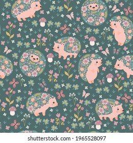 Seamless pattern of blooming hedgehogs and flowers. Vector graphics.