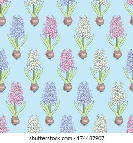 Seamless pattern with blooming hyacinths. Seasonal background.