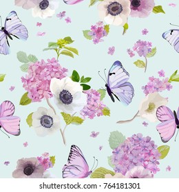 Seamless Pattern with Blooming Hydrangea Flowers and Flying Butterflies in Watercolor Style. Beauty in Nature. Background for Fabric, Textile, Print and Invitation. Vector illustration