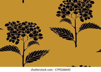 Patrón floral sin fisuras con hidrangea viburnum floreciente. Ilustración de vector de color negro y oro dibujado a mano