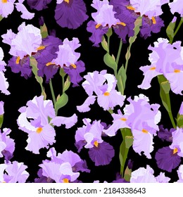 Seamless pattern with blooming irises close-up in lilac-violet tones on a black background