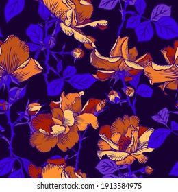 Seamless pattern with blooming large yellow roses petals buds and leaves. Artistic summer floral background isolated on black. Beautiful botanical ornament. Line drawing, Vintage boho chic style.