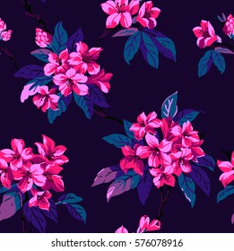 Seamless pattern with blooming lianas on dark blue background