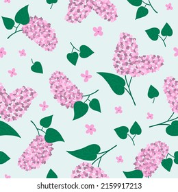 Seamless pattern with blooming Lilac. Lilac branches with leaves on a light green  background.