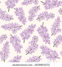 Seamless pattern with blooming lilacs. Flowering background. Vector. Hand-drawn realistic illustration. Purple colors. svg