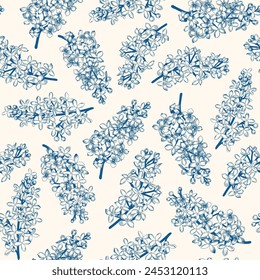 Patrón sin fisuras con lilas florecientes. Fondo florido. Vector gráfico. Color azul. 