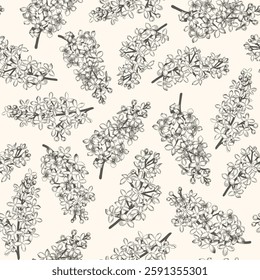 Seamless pattern with blooming lilacs. Flowering background.Vector botanical floral print. Black color. 