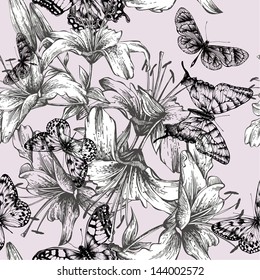 Patrón sin inconvenientes con flores de lirios y mariposas negras. Ilustración vectorial.