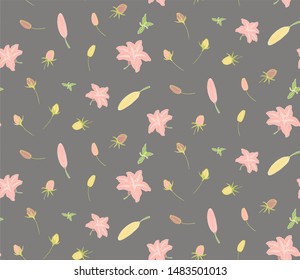 Seamless pattern of blooming lilies flowers with leaves and buds. Hand-drawn for your design in a romantic style in light pastel pink and yellow colors.
