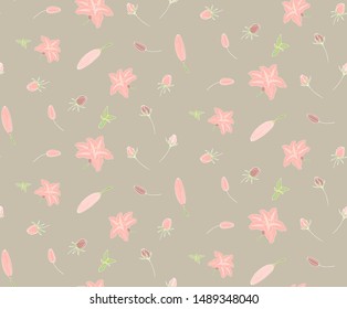 Seamless pattern of blooming lilies flowers with leaves and buds. Hand-drawn for your design in a romantic style in light pastel pink colors on grey.
