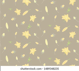 Seamless pattern of blooming lilies flowers with leaves and buds. Hand-drawn for your design in a romantic style in light pastel pink colors on grey.