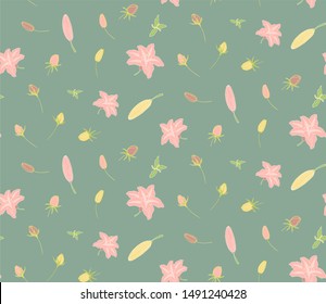Seamless pattern of blooming lilies flowers with leaves and buds. Hand-drawn for your design in a romantic style in light pastel pink and yellow colors.