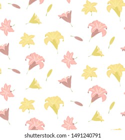 Seamless pattern of blooming lilies flowers with leaves and buds. Hand-drawn for your design in a romantic style in light pastel pink and yellow colors.