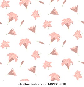 Seamless pattern of blooming lilies flowers with leaves and buds. Hand-drawn for your design in a romantic style in light pastel pink colors.