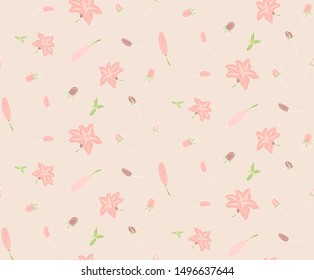 Seamless pattern of blooming lilies flowers with leaves and buds. Hand-drawn for your design in a romantic style in light pastel pink colors on rose.