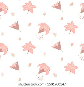 Seamless pattern of blooming lilies flowers with leaves and buds. Hand-drawn for your design in a romantic style in light pastel pink colors.