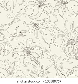 Seamless  pattern with blooming lilies on sepia background. Vector illustration.