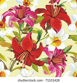 Seamless pattern with blooming lily on yellow background, vector illustration