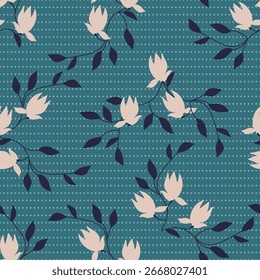 Nahtloses Muster mit blühenden Magnolienästen. Druck für Textilien, Tapeten, Abdeckungen, Oberfläche. Retro-Stilisierung. Für Modestoff.