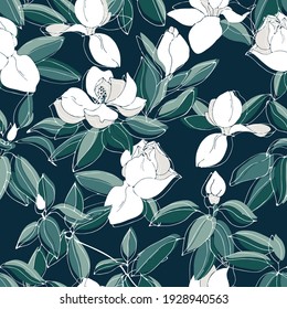 Seamless pattern with blooming magnolias. Beautiful white flowers on a green background.