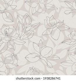 Seamless pattern with blooming magnolias. Contour flowers on a beige background.