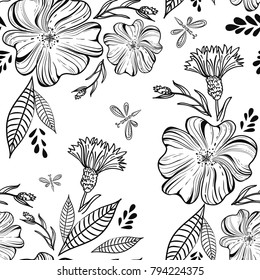 Seamless pattern with blooming meadow flowers and dragonflies. Black and white vector illustration