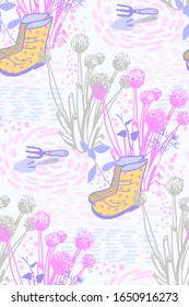 Patrón transparente con cebollas en flor, herramientas de jardín, texturas geométricas y botas de goma sobre fondo blanco en colores grises rosas
