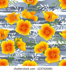 Patrón sin foco con floración, adornos naranjas de California sobre fondo pintado con salpicaduras grises. Diseño acogedor.