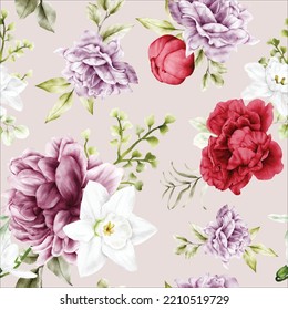 seamless pattern blooming peony flower watercolor